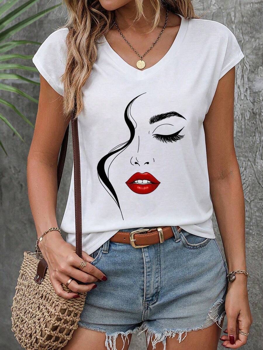 INAWLY 女士面部印花短袖 T 恤