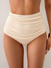 Swim Basics Women Solid Ribbed Fabric High-Waisted Pleated Bikini Bottoms For Summer Beach Vacation - Khaki - View 1