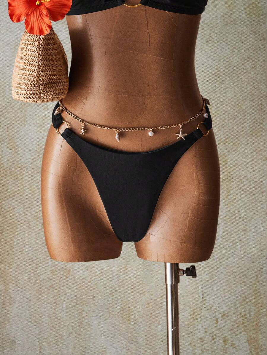 SHEIN ICON Women Black Tropical Beach Summer Beach Solid Color Ring Linked Bikini Bottom - Black - View 1