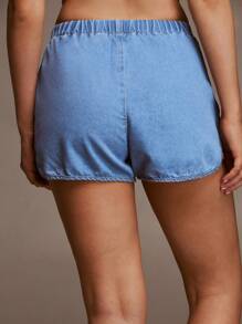 SHEIN Forever 21 Quần short denim cạp chun co giãn mùa hè mới cho nữ, quần short đi nghỉ thoải mái, cạp trễ - Rửa nhẹ - Xem 2