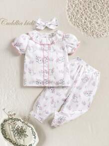 3pcs Baby Girl Floral Rabbit Printed Ruffled Top, Pants & Headband Set, Spring/Summer Home Clothes - Baby Pink - View 1