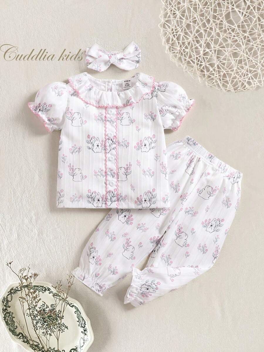 3pcs Baby Girl Floral Rabbit Printed Ruffled Top, Pants & Headband Set, Spring/Summer Home Clothes - Baby Pink - View 1