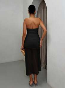 SHEIN BAE 女士时尚露肩荷叶边不对称下摆中长连衣裙，适合外出穿着 - 黑色 - 查看 2