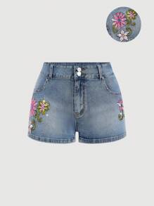 SHEIN MOD 女式花卉刺绣水钻装饰口袋牛仔短裤 - 淺色水洗藍 - 查看 1