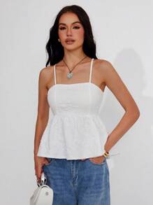 Roylia Women White Summer Elegant Date 3D Embossed Jacquard Floral Sleeveless Backless Bowknot Back A-Line Ruffle Hem Adjustable Camisole Vacation Party Top - White - View 1