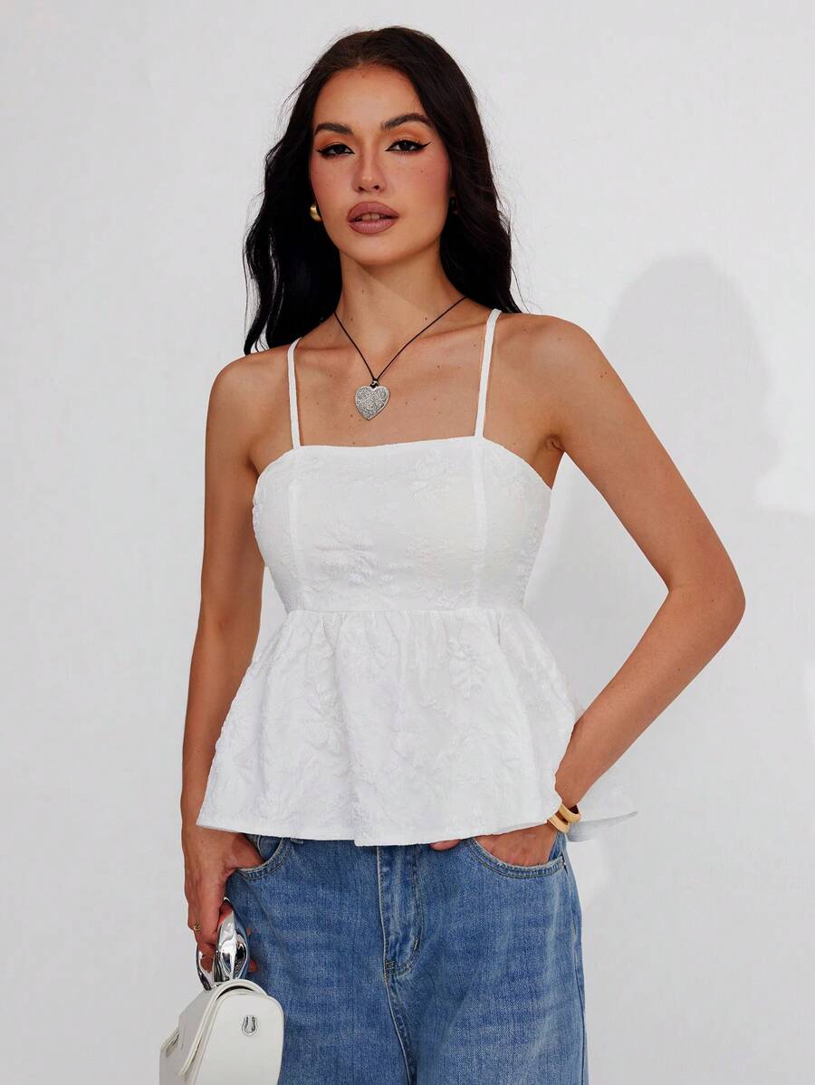 Roylia Women White Summer Elegant Date 3D Embossed Jacquard Floral Sleeveless Backless Bowknot Back A-Line Ruffle Hem Adjustable Camisole Vacation Party Top - White - View 1