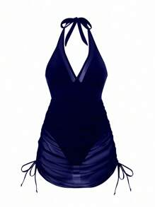 Swim Lushoire Women's Sexy Vacation Casual Party Beach Solid Black Wireless Textured Fabric One-Piece Swimsuit For Summer - Navy Blue - View 4