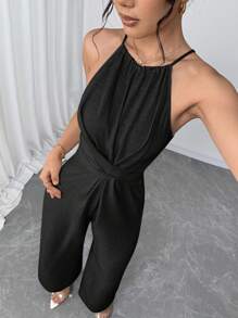 Firerie Women's Solid Color Waist Crisscross Wide Leg Jumpsuit - Black - View 7