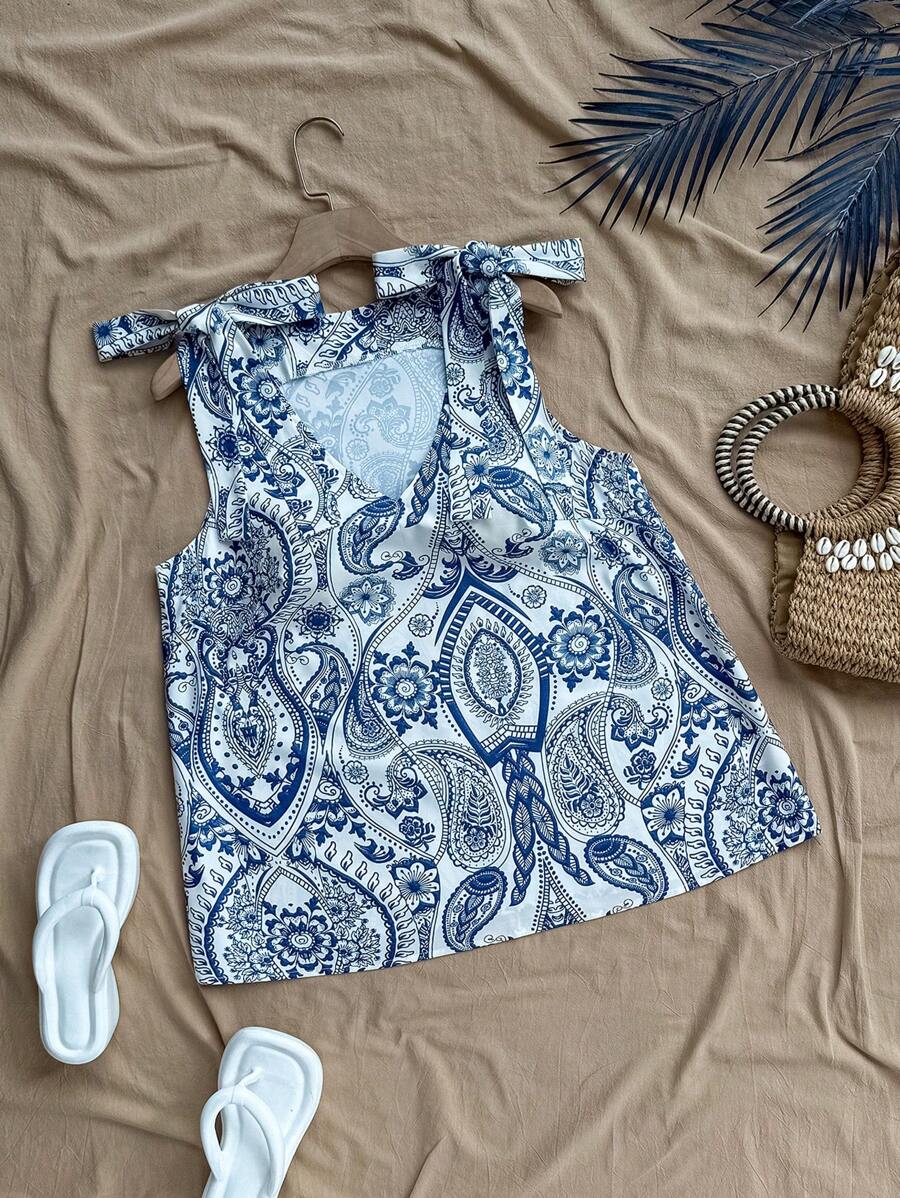 INAWLY Plus Size Women's Cashew Print Twist Front Sleeveless Vacation Blouse - Green - View 1