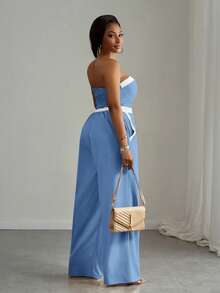 Slaydiva Bộ đồ đôi mùa hè dành cho nữ cỡ lớn, gồm áo quây croptop phối màu sau lưng và quần ống rộng có túi xéo, màu xanh dương nhạt, màu xanh nhạt, bộ đồ đôi màu xanh dương thanh lịch. - Màu xanh lam - Xem 7