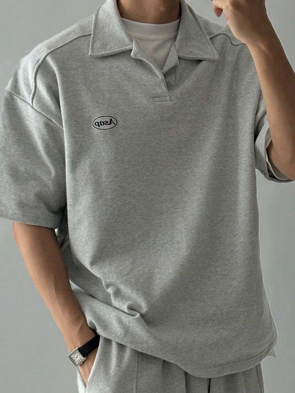 Men's Gray Polo Shirt Set With Letter Embroidery, Summer