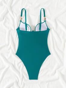 Swim SXY 女士性感优雅纯色可调节宽肩带金属配饰聚拢塑形胸围时尚简约高端前卫成人连体泳衣 - 綠色 - 查看 3