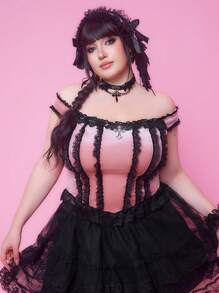 ROMWE Kawaii Camicia da donna di stile gotico vintage con bordo in pizzo a contrasto, stile palazzo, croce in velluto, taglie comode - nero - Visualizzare 5