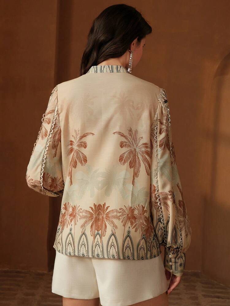 Blusa de Manga Longa Elegante para Mulheres com Gola Mandarim Pequena, Renda Floral Patch, Estampa de Coco, Botão de Pérola Única