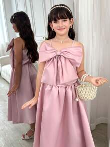 SHEIN 2pcs/Set Tween Girls Elegant Camisole With Bow Accent Top And Skirt Set, Suitable For Party, Events And Daily Wear - Pink - View 3