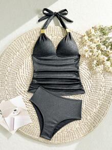 Swim Lushoire 1 Set Women's Mature Swimsuit, Black Special Fabric Tie Neck Side Ruched Gold Accent Triangle Hard Cup Triangle Bottom Two Pieces For Summer Beach Vacation - Black - View 6