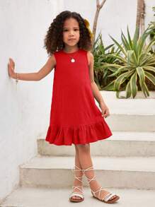 Đầm không tay cổ tròn màu trơn thời trang thường ngày cho bé gái đi nghỉ - Đỏ - Xem 3