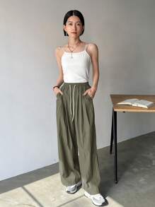 FRIFUL 女士纯色抽绳腰口袋休闲宽松阔腿裤 - 綠色 - 查看 2