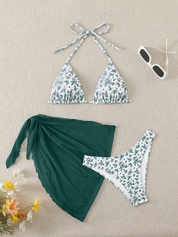 Swim Vcay Women's Beach Holiday Floral Print Bikini Set & Skirt For Summer Beach Vacation