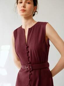 Uhlyne 女士休闲优雅无袖亚麻中长连衣裙（配系带腰带） - 酒紅色 - 查看 5