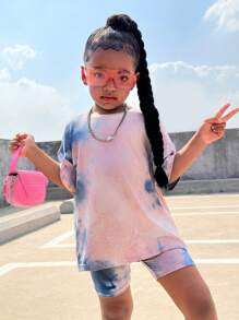 SHEIN SLAYR KIDS 2 件套年轻女孩休闲扎染印花宽松 T 恤和紧身打底裤套装 - 灰色 - 查看 4