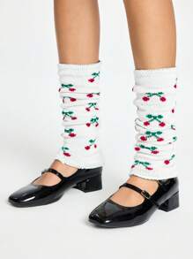 ROMWE 1 par de calentadores de piernas blancos lindos y kawaii con estampado de múltiples cerezas pequeñas - Blanco - Ver 3