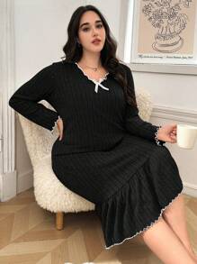 Plus Size Bow Decor V Neck Ruffle Trim Cozy Knit Sleep Dress, Outfit, Fall & Winter - Black - View 6