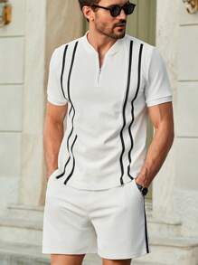 Manfinity VCAY Bộ áo thun polo tay ngắn bó sát có dây buộc trang trí bằng vải dệt kim gân 2 món dành cho nam - trắng - Xem 4