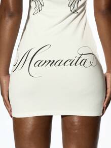 SUMWON WOMEN Tank Sleeveless Mini Dress Wing Print Cross Detail Retro Gothic Aesthetic Bodycon Dress - White - View 4