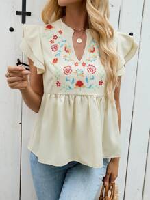 Breezaya Women's Floral Print Ruffle Hem Short Sleeve Shirt, Summer - Apricot - View 3