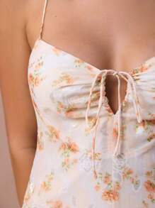 Enchnt 春夏浪漫女士橙色花卉印花系带前褶边下摆吊带中长连衣裙，甜美优雅，适合度假、约会、节日、派对、毕业典礼、婚礼嘉宾、海滩和宴会、舞会礼服、女士夏季连衣裙、夏季服装