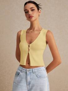 Poéselle Women's Summer Frenchies Casual Solid Color Sleeveless Knit Top Sweater Vest - Mustard Yellow - View 6