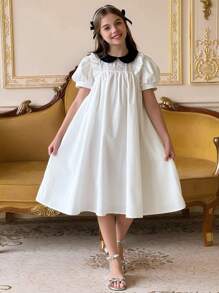 DAZY 女童优雅棉质刺绣泡泡袖拼布连衣裙，夏季，返校服 - 白色 - 查看 4