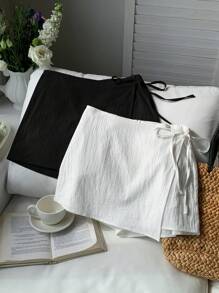 Comfortcana 多色女士侧系带拉链短裙，适合夏季 - 黑與白 - 查看 3