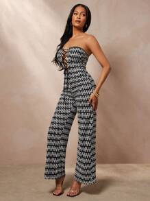 Vixey Mono de pierna ancha con estampado de punto, escote strapless y cordones frontales con forro