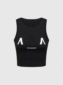 ROMWE Kawaii Subcultural Casual Emoticon Printed Women Fitted Camisole, Versatile - Black - View 1