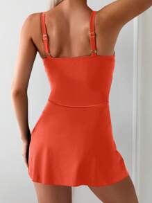 SHEIN Swim 女士纯色简约无袖连体泳衣 - 橘色 - 查看 2