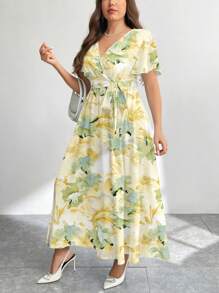 Firerie 大码休闲复古花朵图案宽松连衣裙，适合秋冬季 - 黃色 - 查看 4