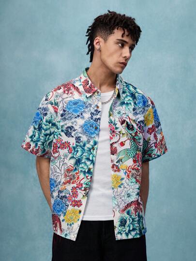 Street Life Men's Floral & Tiger Print Short Sleeve Vacation Shirt, Summer
