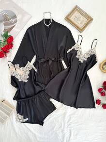 SHEIN 4pcs Set: Color Blocking Ruffled Trim Black Satin Camisole, Shorts, Skirt, And Robe - Black - View 1