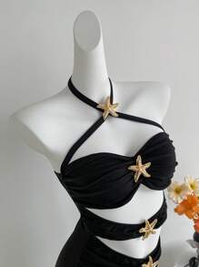 SHEIN Unity 黑色镂空金色海星装饰露背连体衣，超级有弹性，柔软舒适，适合游泳、海滩、休闲、派对，极简主义设计，适合夏季 - 黑色 - 查看 4