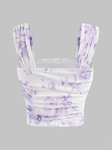 SHEIN Girlism Tween Girl Elegant Square Neck Floral Print Slim Fit Pleated Top Wide Strap Pleated Side Top - Mauve Purple - View 2