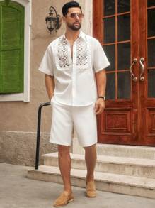 HIMLAND Áo sơ mi tay ngắn lưới trong suốt viền ren trắng giản dị dành cho nam, phù hợp cho mùa hè - trắng - Xem 3