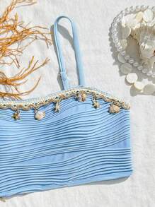 SHEIN 青少年女孩夏季海滩度假风格贝壳和海星编织带比基尼套装