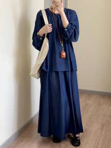 FRIFUL Conjunto de 2 piezas de blusa casual con botones en la espalda y falda fluida, corte holgado para mujer