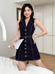 SHEIN MOD 女式夏季翻领单排扣无袖休闲牛仔连衣裙 - 藍色 - 查看 5