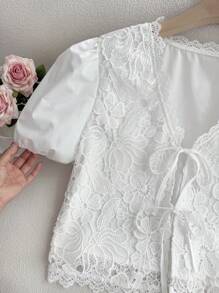 SHEIN Privé 加大码女式舒适休闲优雅度假海滩旅行学校假日海岛新款蕾丝边刺绣系带短袖衬衫 - 白色 - 查看 8