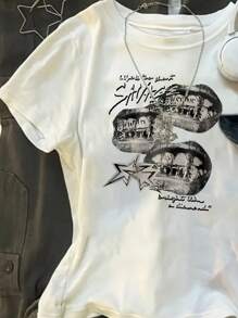 少女图案字母印花圆领短袖T恤 - 白色 - 查看 3