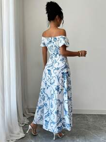 Elenzga Ladies Elegant Print Summer Collar Off The Shoulder Dress - Blue - View 2