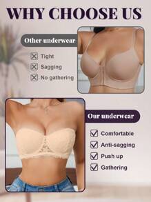 1 件女士性感蕾丝钢圈文胸，带钢罩杯，小胸聚拢，防滑隐形抹胸文胸，可拆卸肩带，百搭穿着